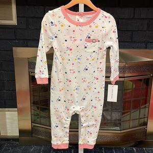 NWT Lucky Brand $50 Long Sleeve Romper Girls Sz 12 Months Hearts Pink Clover